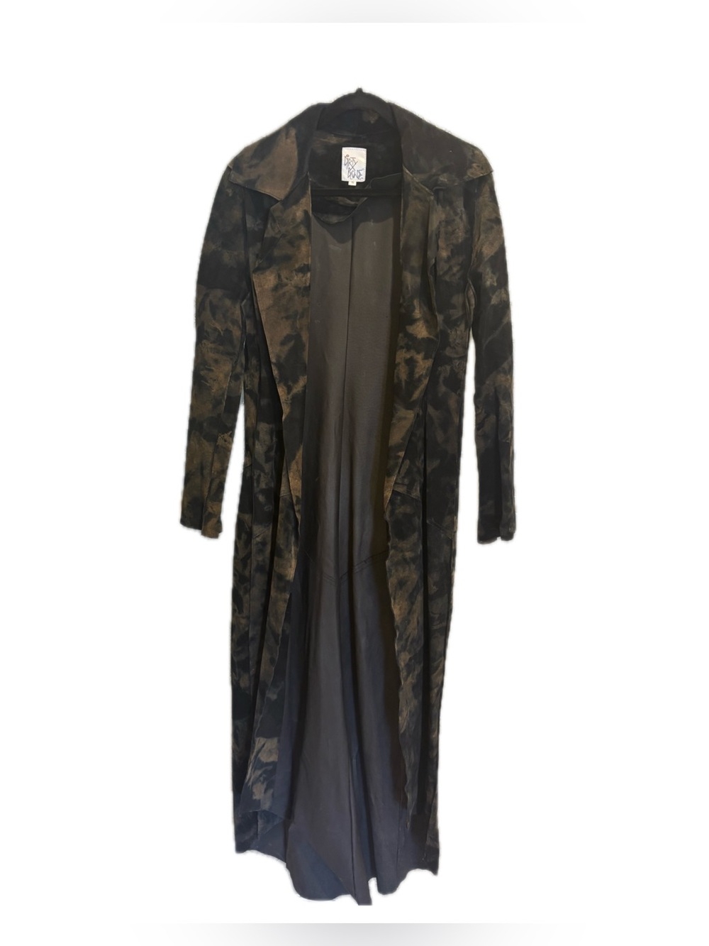 Long Black & Olive Tie-Dye Duster Leather Coat